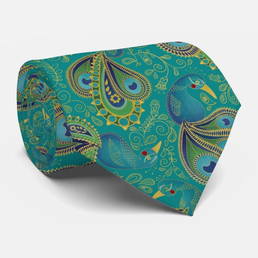 Peacock Paisley Pattern Teal Krawatte (Gerollt)