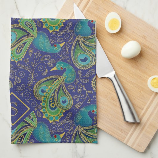 Peacock Paisley Royal Blue Monogram Geschirrtuch (Viertel Falte)