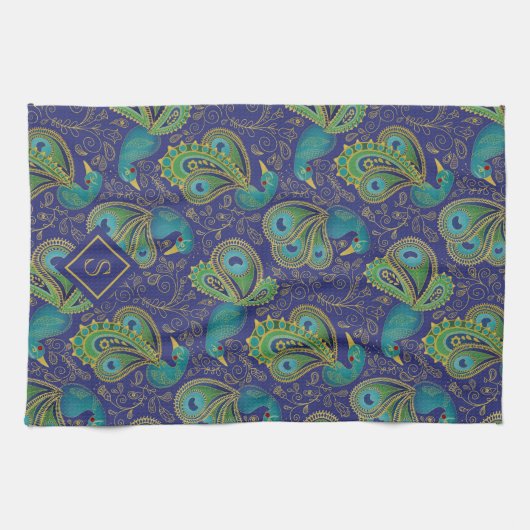 Peacock Paisley Royal Blue Monogram Geschirrtuch (Horizontal)