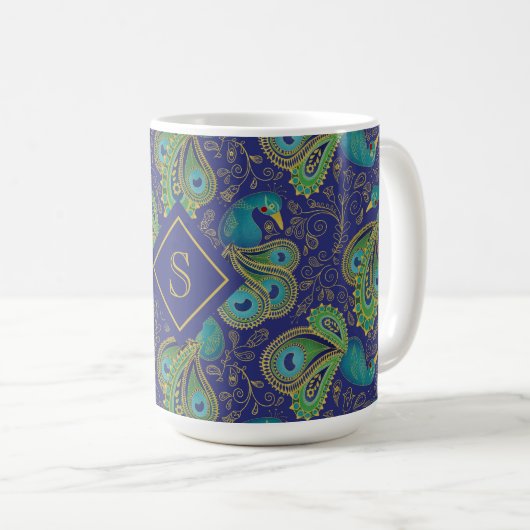 Peacock Paisley Royal Blue Monogram Kaffeetasse (VorderseiteRechts)