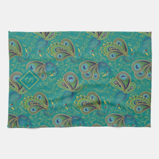 Peacock Paisley Royal Teal Monogram Geschirrtuch (Horizontal)
