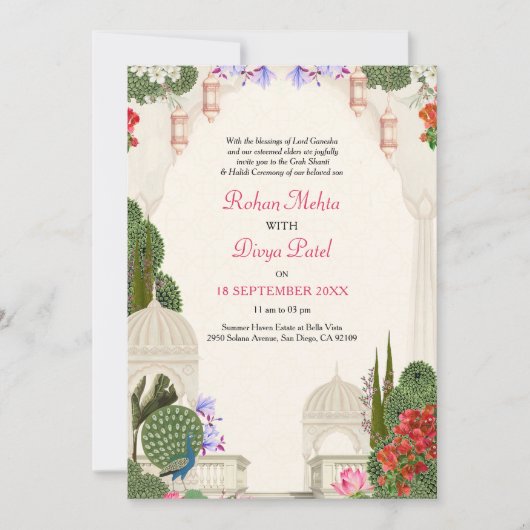 Peacock Palm Garden Indian Colorful Wedding Einladung (Vorderseite)