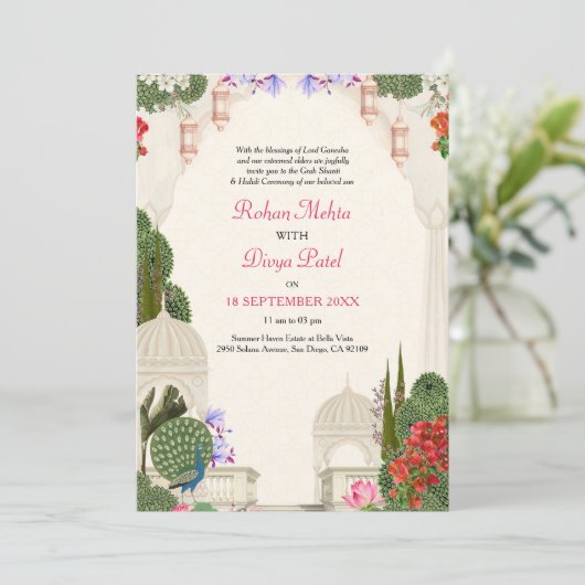 Peacock Palm Garden Indian Colorful Wedding Einladung (Stehend Vorderseite)