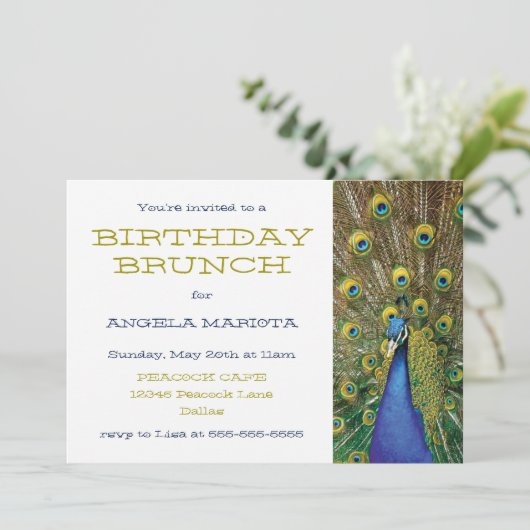 Peacock Party Birthday Brunch Einladung (Stehend Vorderseite)