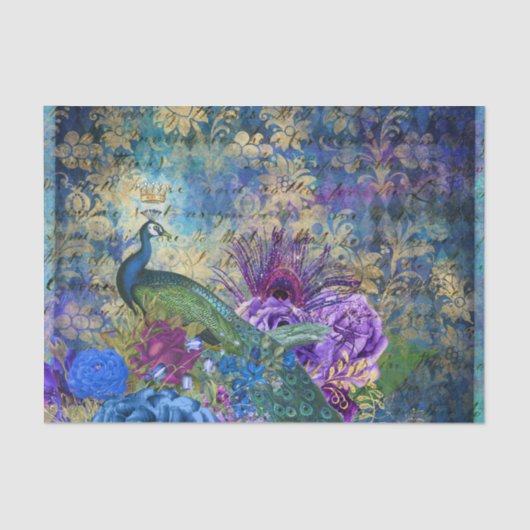 Peacock Peacocks Decoupage Blue & Purple Flowers Seidenpapier (Vorderseite)
