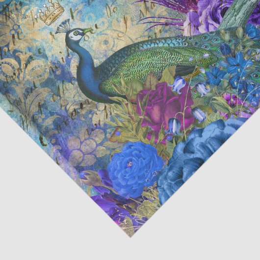 Peacock Peacocks Decoupage Blue & Purple Flowers Seidenpapier (Ausschnitt)