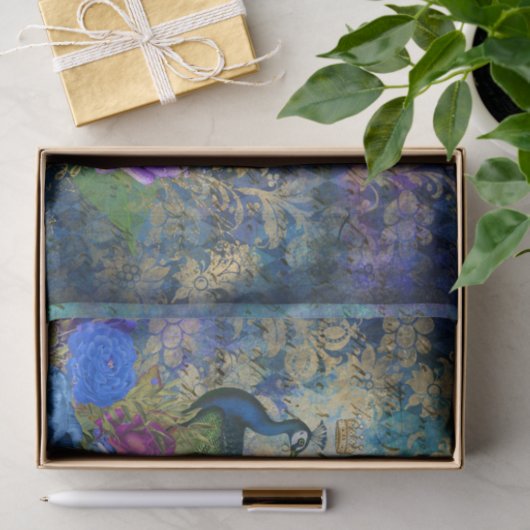 Peacock Peacocks Decoupage Blue & Purple Flowers Seidenpapier (Geschenk)