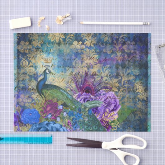 Peacock Peacocks Decoupage Blue & Purple Flowers Seidenpapier (Handwerk)