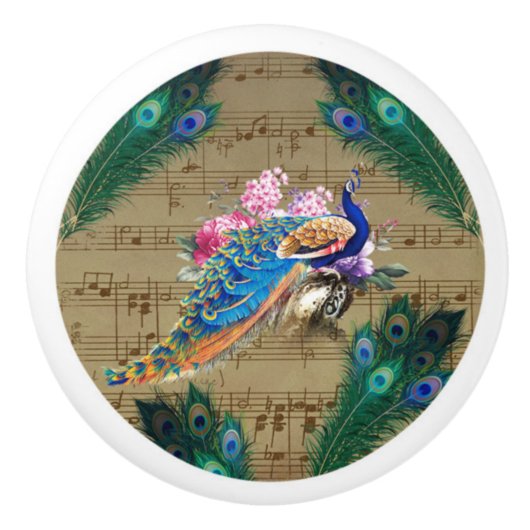 Peacock & Pecock Feathers W/Music Paper Keramikknauf (Vorderseite)