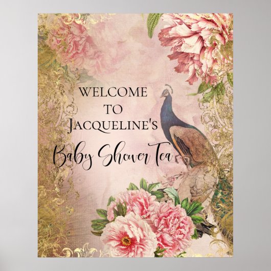 Peacock Peony Floral Blush Pink Gold Decoupage Poster (Vorne)