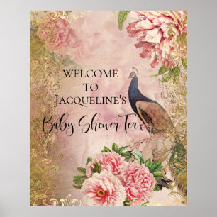 Peacock Peony Floral Blush Pink Gold Decoupage Poster