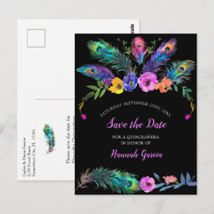 Peacock Plume-Blume Black Quinceañera Rett Datum Postkarte