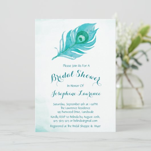 Peacock Plume Bridal Dusche Einladungen (Stehend Vorderseite)