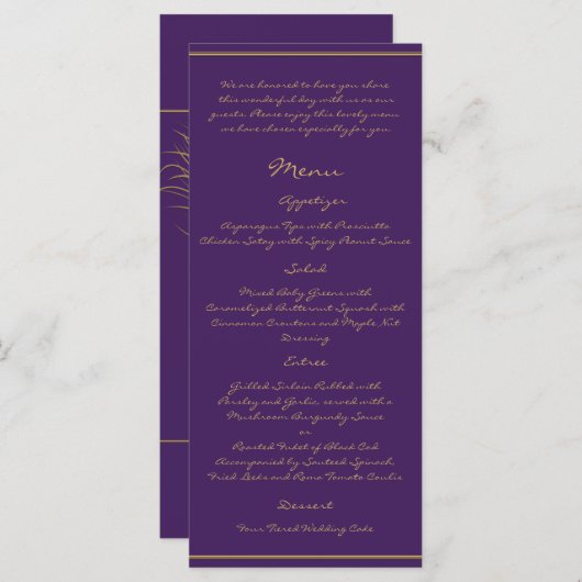 Peacock Plume in Gold und Lila Plum Menu Menükarte (Vorne/Hinten)