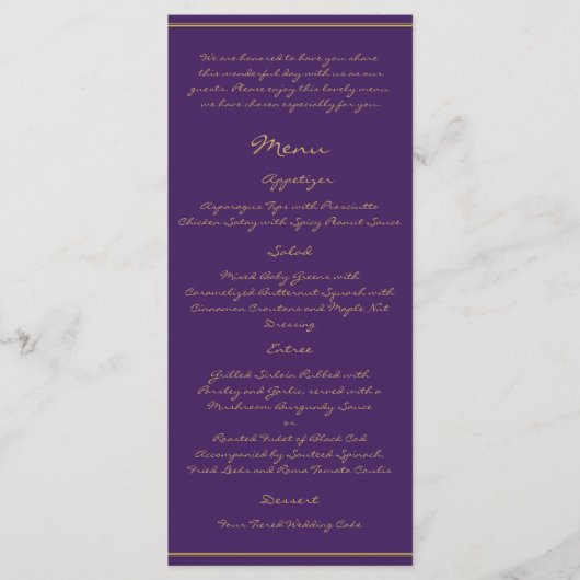 Peacock Plume in Gold und Lila Plum Menu Menükarte (Vorderseite)