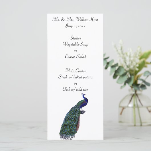 Peacock Plume Wedding Reception Menu Menükarte (Stehend Vorderseite)