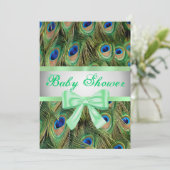 Peacock Print Green Bow Baby Dusche Einladung (Stehend Vorderseite)