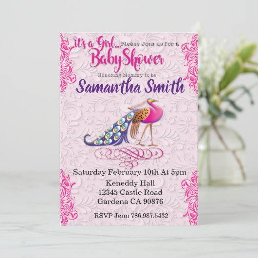 Peacock rosa Blütendusche Einladung (Stehend Vorderseite)