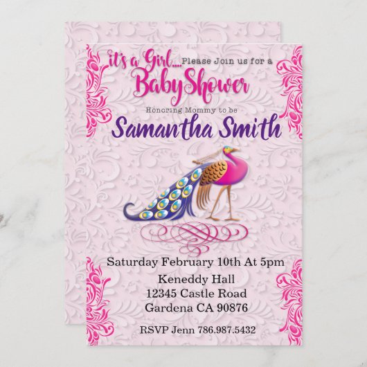 Peacock rosa Blütendusche Einladung (Vorne/Hinten)