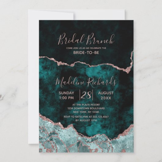 Peacock & Rose Gold Agate Bridal Brunch Einladung (Vorderseite)