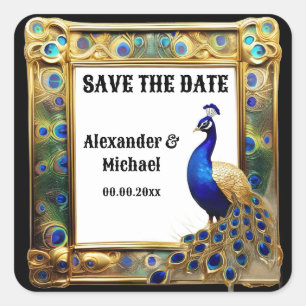 Peacock Save the Date art nouveau feathers Quadratischer Aufkleber