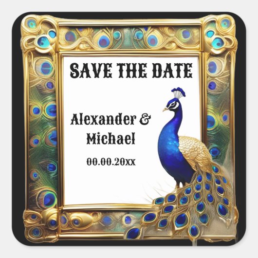 Peacock Save the Date art nouveau feathers Quadratischer Aufkleber (Vorderseite)