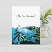 PEACOCK Schwarz/blaues Champagner-Metallpapier Einladung (Stehend Vorderseite)