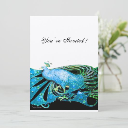 PEACOCK Schwarz/blaues Champagner-Metallpapier Einladung (Stehend Vorderseite)