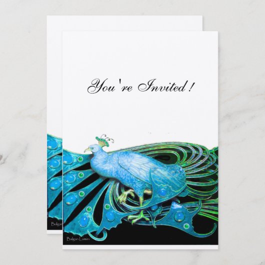 PEACOCK Schwarz/blaues Champagner-Metallpapier Einladung (Vorne/Hinten)