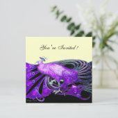 PEACOCK Schwarz, lila, platinmetallisches Papier Einladung (Stehend Vorderseite)