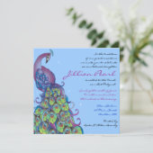 Peacock Thema Bat Mitzvah Einladung Einladung blau (Stehend Vorderseite)