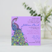 Peacock Thema Bat Mitzvah Einladung Violet (Stehend Vorderseite)
