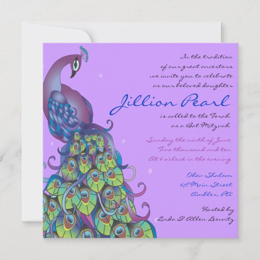 Peacock Thema Bat Mitzvah Einladung Violet (Vorderseite)