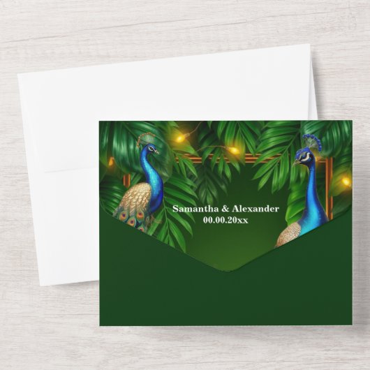 Peacock Thema Luxus 3D-Pfau smaragdgoldblau All In One Einladung (Rückseite)