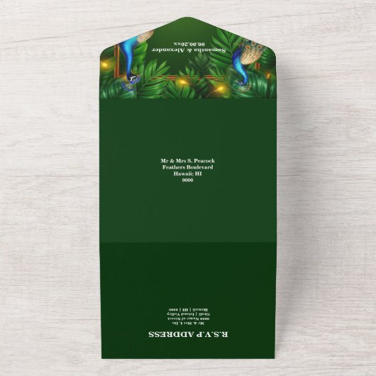 Peacock Thema Luxus 3D-Pfau smaragdgoldblau All In One Einladung (Außenbereich)