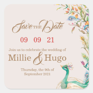 Peacock Theme Wedding Quadratischer Aufkleber