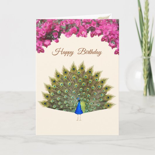 Peacock & Tropical Flowers on Ivory Birthday (Vorderseite)
