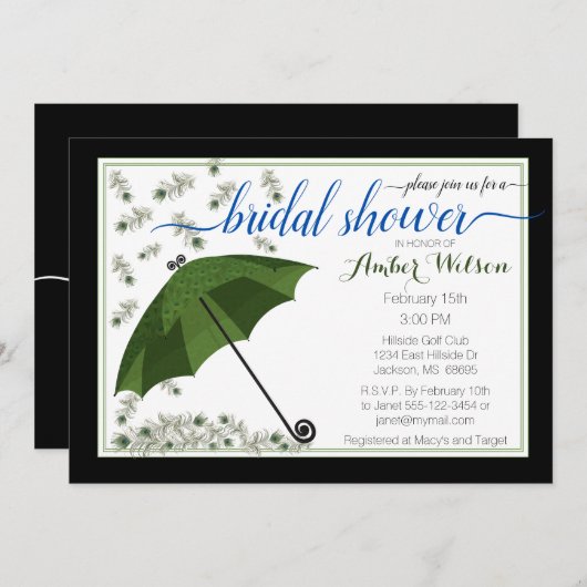 Peacock Umbrella Bridal Dusche Einladung (Vorne/Hinten)