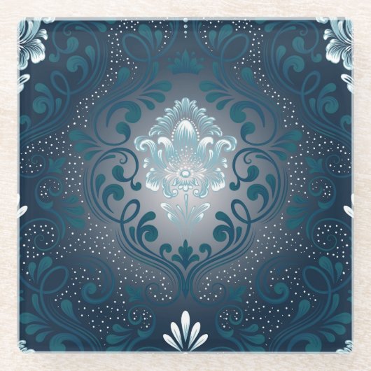 Peacock und Cyan Damask Glass Untersetzer (Vorderseite)