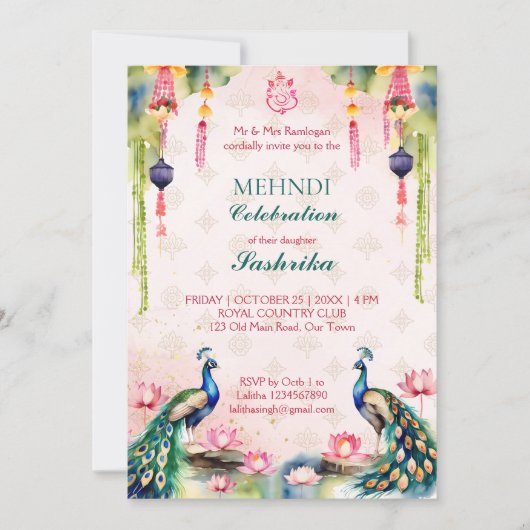 Peacock und lotus watercolor indische Hochzeitsmet Einladung (Vorderseite)