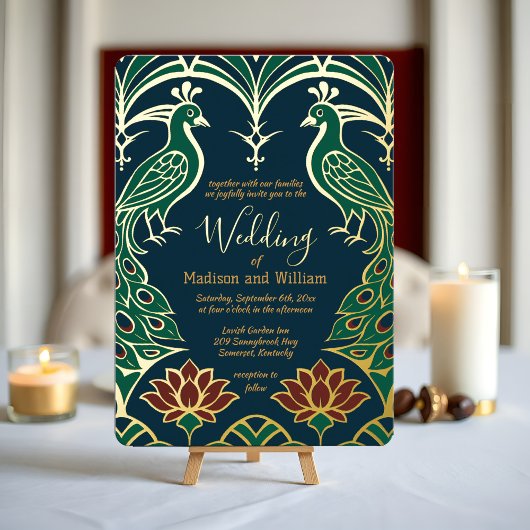 Peacock und Lotus Wedding Eleganter Deko Regal Blu Folieneinladung