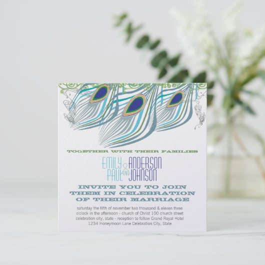 Peacock Vintag 3 Feathers Einladung (Stehend Vorderseite)