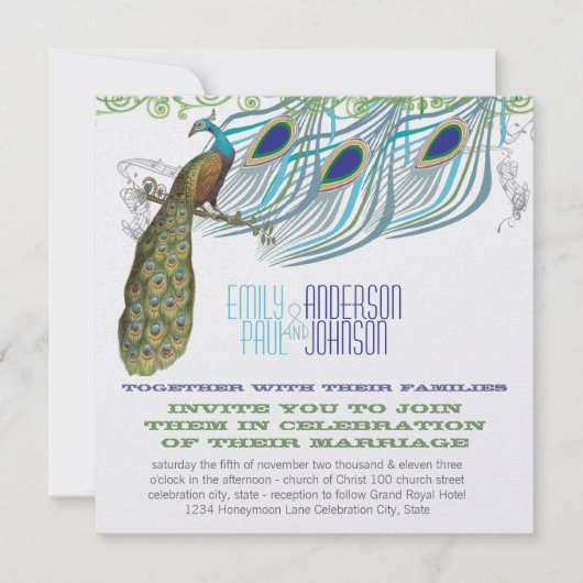 Peacock Vintag 3 Federn mit Peacock Einladung (Vorderseite)