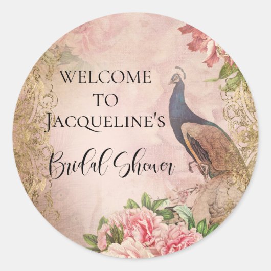 Peacock Vintag Elegantes Rosa Peony Brautparty Runder Aufkleber (Vorderseite)