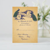 Peacock Vintage Wedding RSVP CARD | Blau (Stehend Vorderseite)