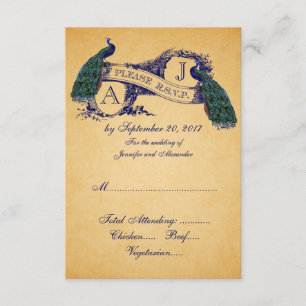 Peacock Vintage Wedding RSVP CARD   Blau Karte