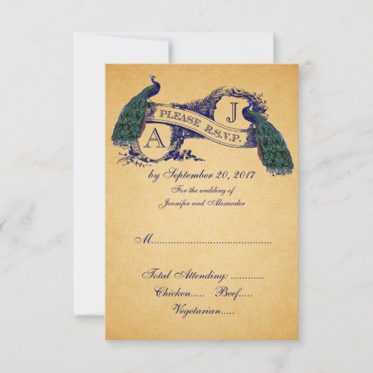 Peacock Vintage Wedding RSVP CARD | Blau Karte (Vorderseite)