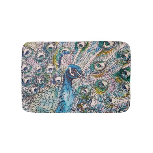 Peacock Wasserfarbenmalerei Vögel Bath Mat Badematte (Vorderseite)