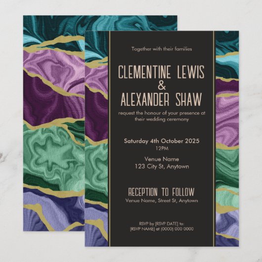 Peacock Watercolor Agate (v1) Einladung (Vorne/Hinten)