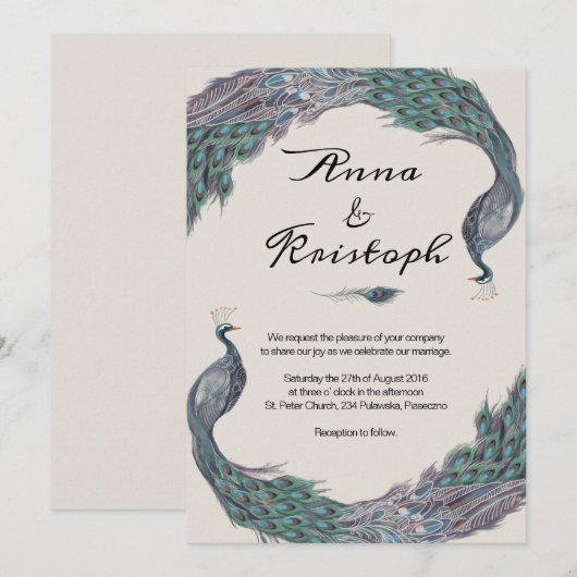 PEACOCK WEDD INVITATION CARD EINLADUNG (Vorne/Hinten)